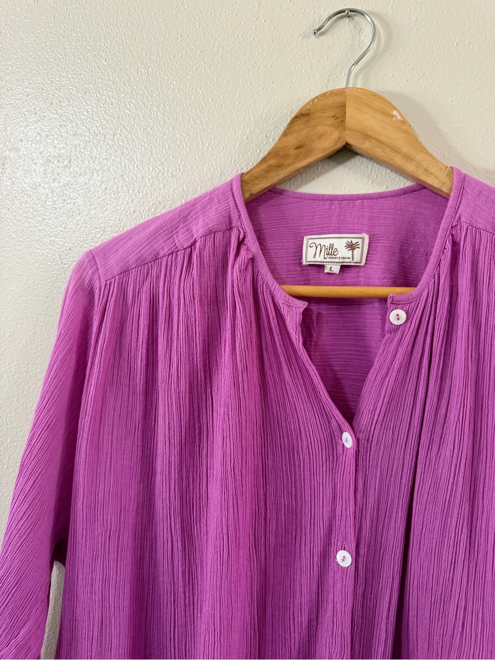 Mille | Resort & Travel Lightweigth Crinkled Cotton Button Down, Magenta Pink - Picture 2 of 8